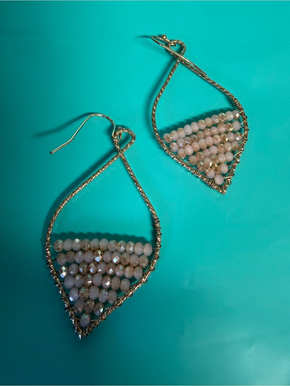 Blush Champagne Beaded Teardrop Dangle Earrings Gold Tone Boho